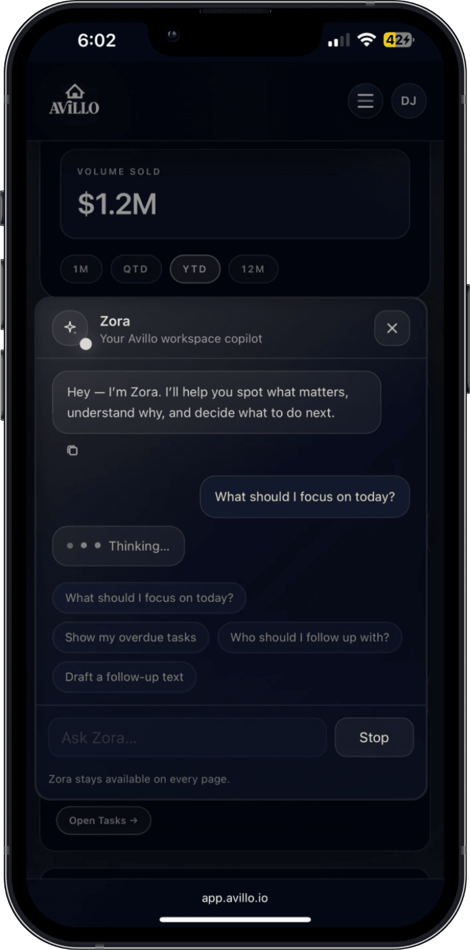Zora AI assistant inside Avillo