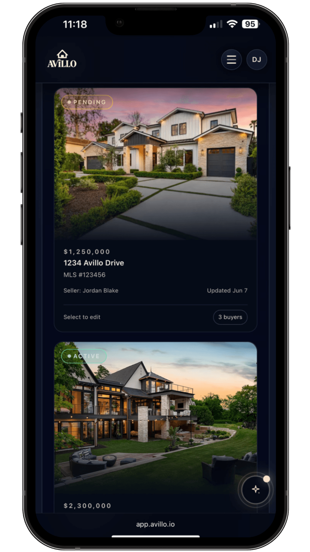 Avillo mobile listings workspace showing real estate listing context